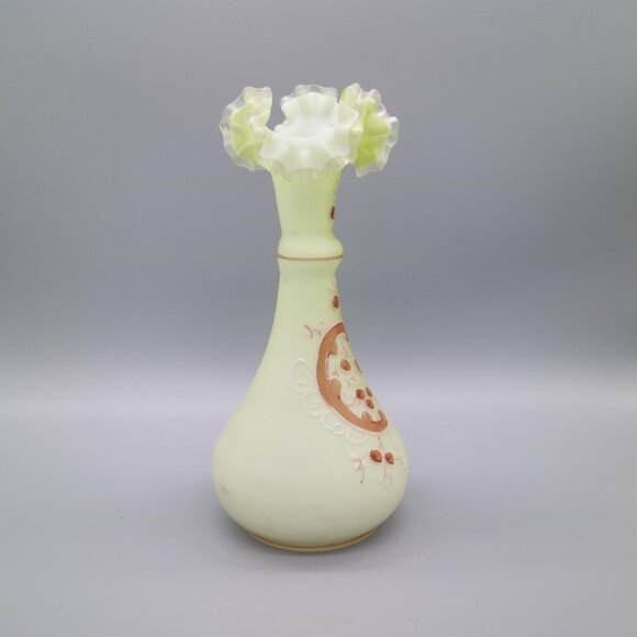 Vintage Steven & Williams Style Hand Painted Green Satin Art Glass 10" Vase - Picture 5 of 6